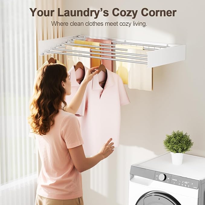 Wall Mounted Clothes Drying Rack Folding Indoor, Foldable Laundry Drying Rack Collapsible,Invisible, Space Saving, Retractable Towel Drying Rack, with Wall Template(6 Drying Rods, White 40")