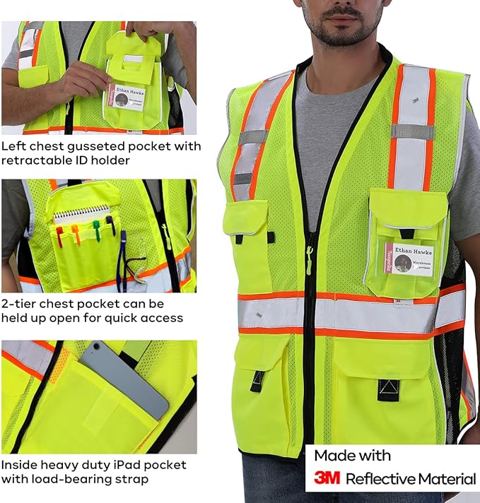 Neopelta Reflective Safety Vest Yellow Mesh, Made with 3M Reflective Tape, Heavy Duty Vest with ID pocket, Padded Neck, Yellow M