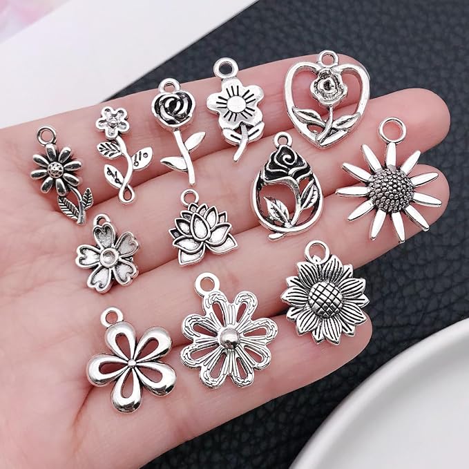 WOCRAFT 60pcs Antique Silver Flowers Bracelet Charms - Image 2