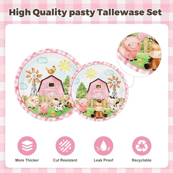 171 PCS Farm Animals Birthday Party Supplies, Disposable Pink Plates Napkins - Image 4