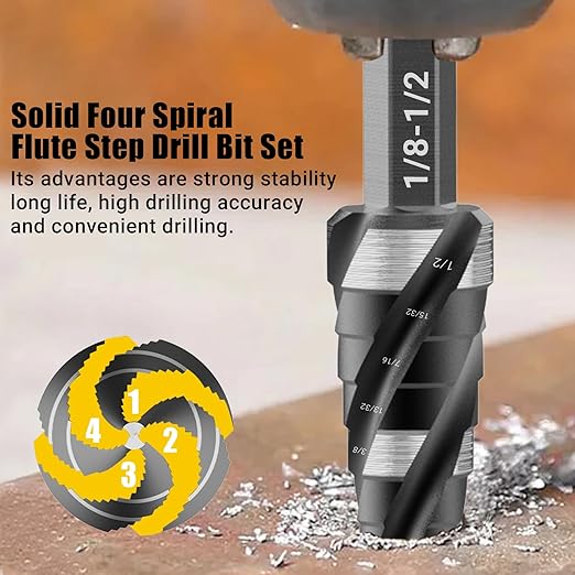 Four Spiral Flute Step Drill Bit Set, 5 Pieces 1/8"-1-3/8" HSS Unibit Step Drill Bit, 1/4" and 3/8" Shank Step Bits for Metal, Aluminum, Wood, Plastic