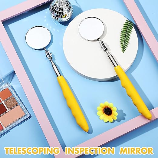 2 Pcs Telescoping Inspection Mirrors, Mechanics Mirror Tool with Long Handle, Round Extendable Mirror on a Stick for Technicians Mechanics Contractors Checking Observation(50mm,Yellow)