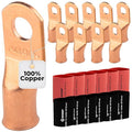 SELTERM 10pcs - 2/0 Awg - 3/8" Stud - Battery Lugs - Ring Terminal Connectors | with 12pcs 3:1 Black & Red Heat Shrink Tubing with Adhesive | Heavy Duty Battery Cable Ends - Bare Copper Wire Lugs Kit