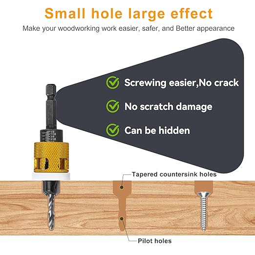 Countersink Drill Bit Set for Wood,7 PCS Counter Sink Drill Bit with HSS Tapered Drill Bits and 1/4" Hex Shank Quick Change for Woodworking with Storage Box