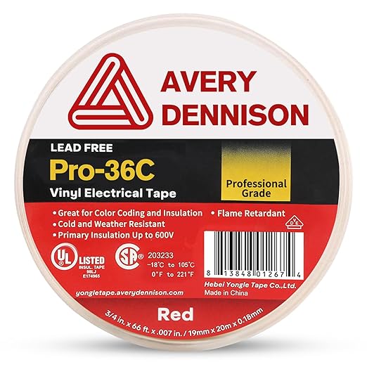 Avery Dennison Electrical Tape, Professional Grade PVC Electric Tape, UL/CSA Listed Insulating Vinyl Tape for Electrical, Repairs, Automotive and Equipment, Pro-36C, ¾ in x 66 ft, Red, 1 Roll