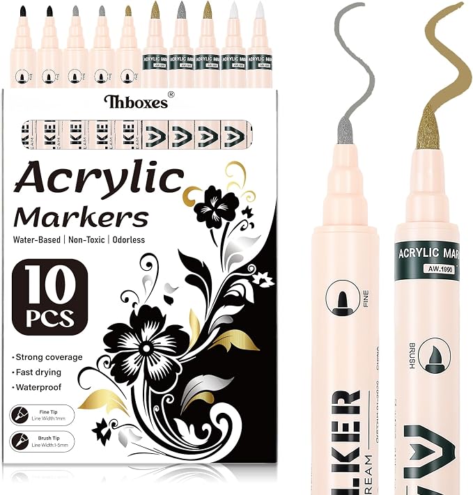 Thboxes 10 Pack Paint Markers, Dual-Tip Acrylic Paint Pen Fine Tip and Brush by Thboxes