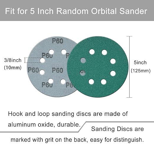 5 Inch 8 Hole Sanding Discs, 50 Pcs Wer Dry Sandpaper 60 Grit Hook and Loop Green Polyester Film Backed Sanding Disc for Random Orbital Sander Wood Car Metal Plastic (60 Grit, 50 Pack)