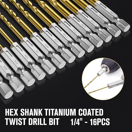 Hex Shank Drill Bit Set, 16Pcs 1/4“ HSS Titanium Twist Drill Bit for Sheet Metal, Wood, Plastic, Quick Change Design
