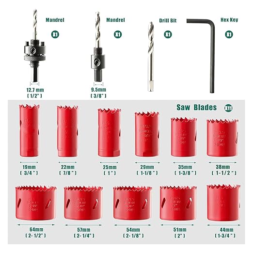 Bi-Metal Hole Saw Kit, HYCHIKA 17 Pcs High Speed Steel 3/4" to 2-1/2" Hole Saw Set in Case with Mandrels, Hole Saw Bit for Metal, Drilling PVC Board,and Plastic Plate