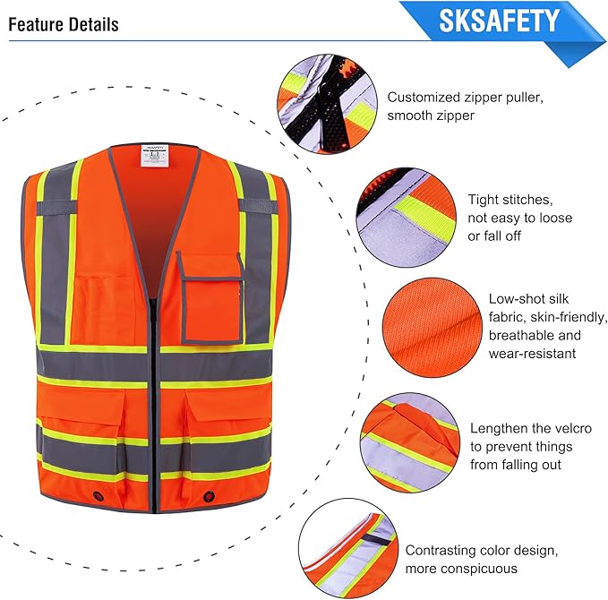 SKSAFETY 10 Pockets Safety Vest, Class 2 High Visibility Security with Zipper, Hi Vis Vest with Reflective Strips, ANSI/ISEA Standard, Construction Work Vest for Men ＆ Women （Orange, 5XL）