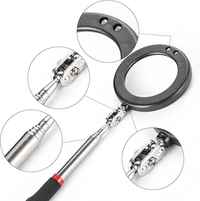 4PCS Telescoping Inspection Mirror LED Lighted Inspection Mirror for Mechanic Checking Vehicle, Car, Eyelashes, Mouth, Small Parts Observation (Extendable, Rectangle & Round)