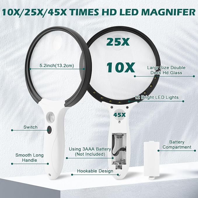 Large Magnifying Glass with Light, 12 LED Lights, Storage Bag, Clean Cloth - Image 5