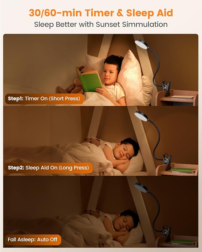 Glocusent Clip on Light, 72-LED Clip on Lamp with Amber Night Light, 3 Colors & 5 Brightness Bed Lamp, 30-Min Auto Off Timer, Perfect Eye Caring Reading Lamps for Bed/Bunk Bed