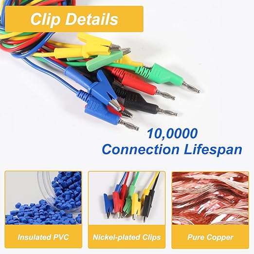5PCS Multimeter Banana Plug to Crocodile Alligator Clip, 4mm Stackable Colorful Silicone Banana Plug to Alligator Clip, Soft Flexible Electrical Test Probe Lead Wire Cables 1M
