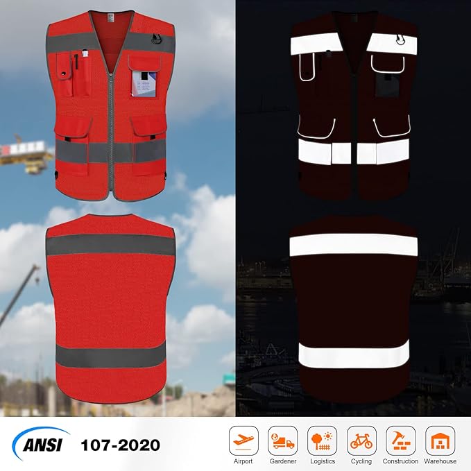 TCCFCCT Mesh Reflective Vest 9 Pockets High Visibility Safety Vest for Men Women, Hi Vis Construction Vest with Reflective Strips, Meets ANSI/ISEA Standards, (Red, Small)
