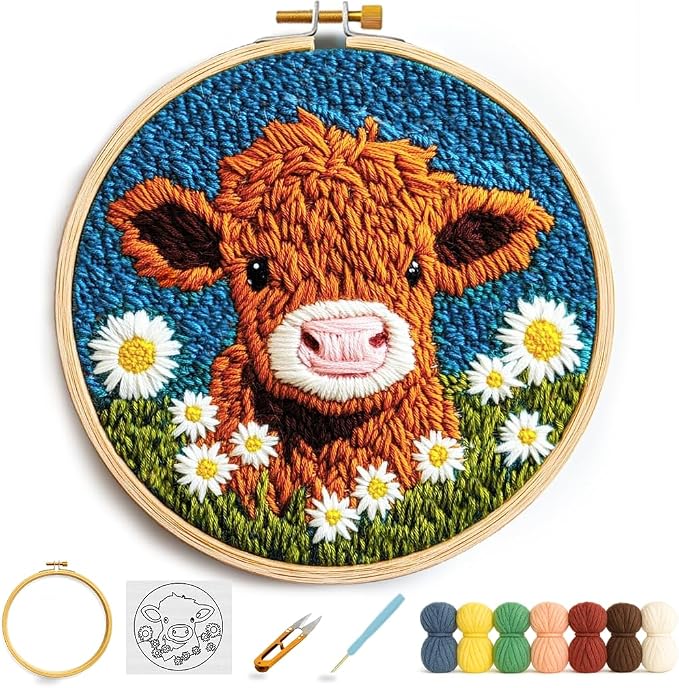Minlend DIY Punch Needle Kit for Beginners – Highland Cow & Daisies Embroidery by Unknown