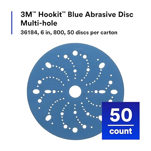 3M Hookit Blue Abrasive Discs 36184, Multi-Hole, 6 in, 800+ Grade, Pack of 50, Virtually Dust-Free, for Auto Sanding, Body Repair, Featheredging, Primer Sanding, Paint Preparation, E-Coat Sanding