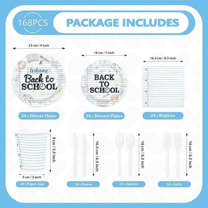 168 Pcs Back to School Party Decorations Notebook Print Plates Napkins Cups - Image 2