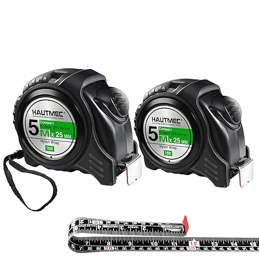 HAUTMEC Tape Measure 5m/16ft Auto-Lock with Dual Metric & Imperial Scale, Easy to Read Nylon Coated Measuring Tape for Construction, Carpentry, Contractors, Engineers, DIY, HT0100-2PC