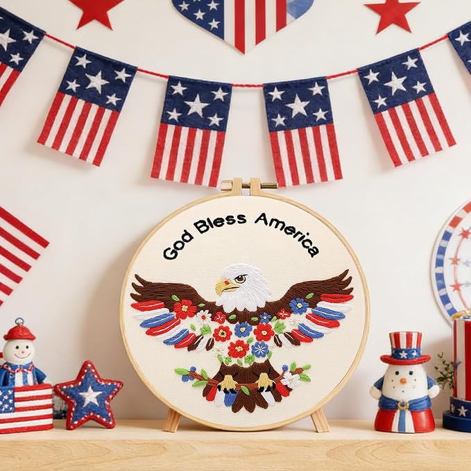 Nuberlic Embroidery Kits for Beginner Adults, God Bless America Eagle Cross - Image 4
