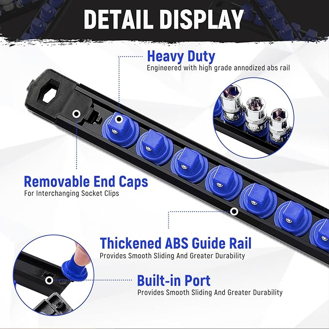 Magnetic Socket Organizer, 3-Piece Heavty Duty ABS Socket Holder, Socket Rail for Tool Box, Premium Quality 360° Swivel Socket Rack with 40 Clips for 1/2, 3/8, 1/4-Inch(Blue)