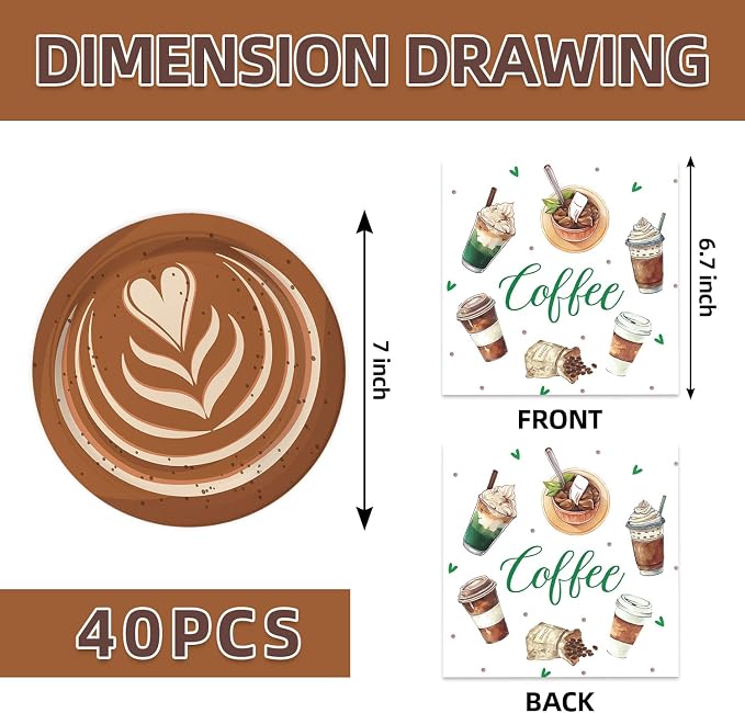 40Pcs Coffee Birthday Decorations Disposable Latte Bridal Shower Plates and - Image 2