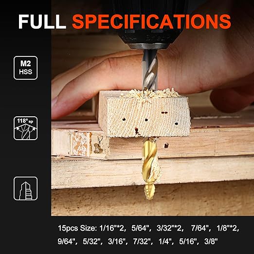 COMOWARE 29Pcs Stepped Point Drill Bit Set, 1/16" – 1/2" Drill Bit Index, HSS M2 Jobber Drills Bits, No Pre-Drilling, Titanium-Coated, 3-Flat Shank, Drills Bits Set for Metal/Plastic/Acrylic/Wood