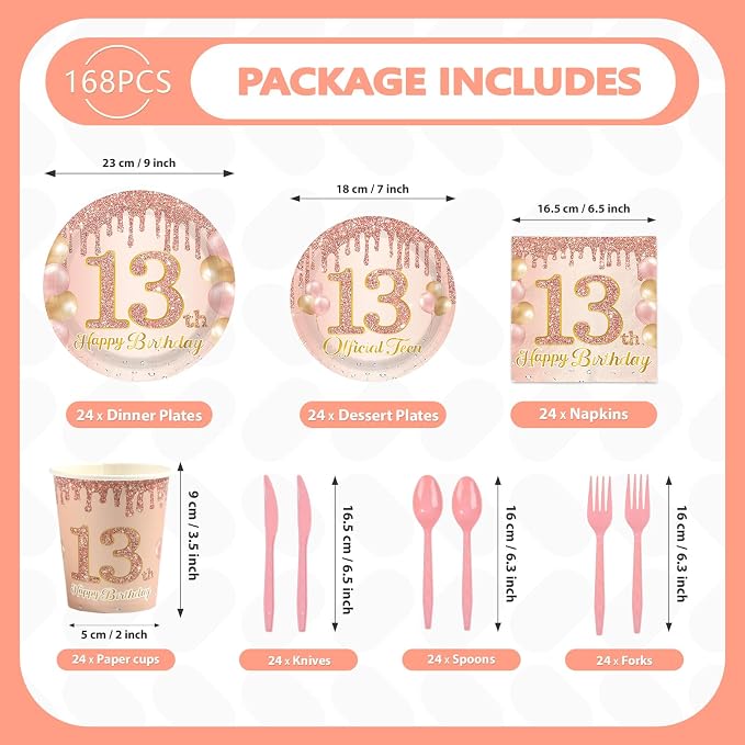 168 Pcs 13th Birthday Party Decorations Pink Rose Gold Plates Napkins Cups - Image 4