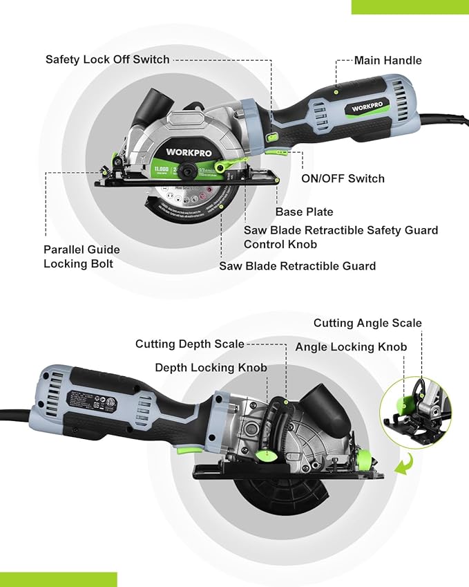 WORKPRO 5.8Amp 3500RPM Circular Saw with Parallel Guide, Maximum Cutting Depth 1-11/16″(90°),1-1/8″(45°), Compact Circular Saw with Three 4-1/2" Blades for Wood, PVC, Tile, Cement Block