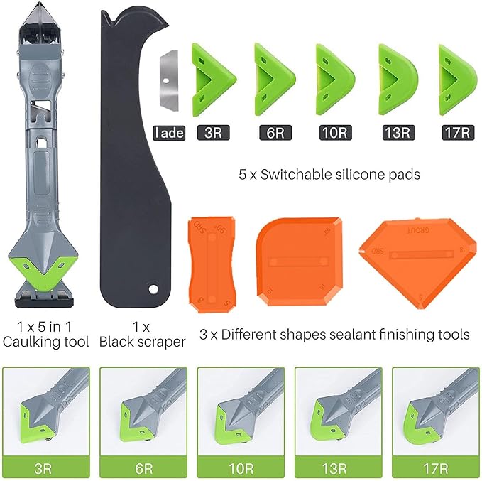 9 in 1caulk smoothingand Grouting Tool, silicone remover，Sealant Trimming and Removal Tool with Grout Squeegee for Bathrooms, Windows, Doors, Kitche