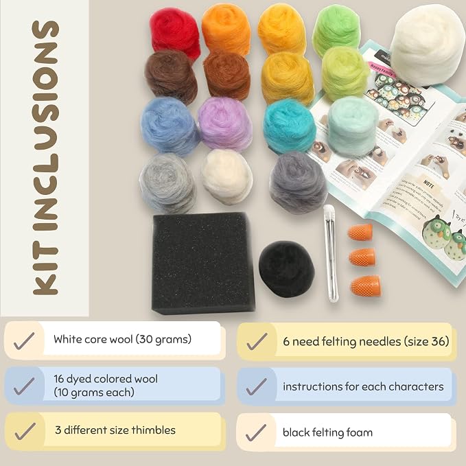 Woolbuddy Needle Felting Wool Kit – Starter Set to Make 6 Cute Animals – - Image 2