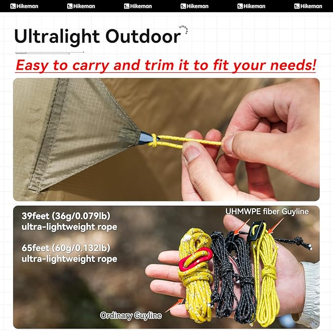 Hikeman Tent Guy Ropes 2mm-Ultralight Strong Guy Lines with Tensioner Reflective UHMWPE Fiber Tent Cord for Camping, Hiking, Backpacking Rope (Yellow, 65 Feet, 10 Tensioners)