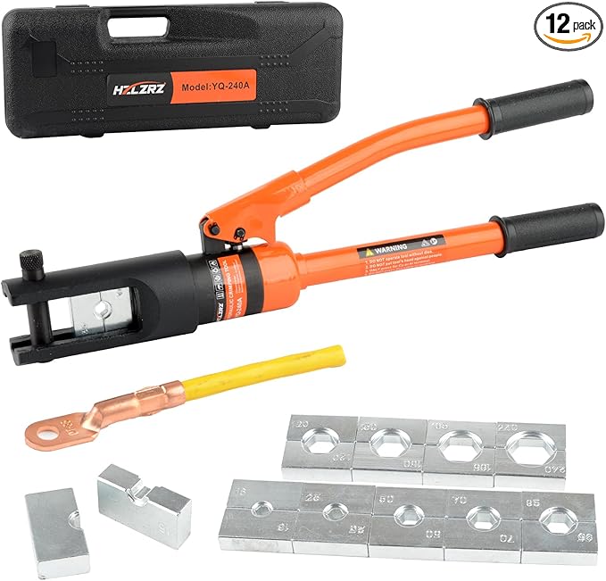 HZLZRZ Hydraulic Crimping Tool, 16 Tons Battery Cable Crimping Tool and Range 4AWG-500MCM, 10 Pairs of Dies for Kit, Yellow Battery Cable Terminal and wire crimpers (YQ/240A)