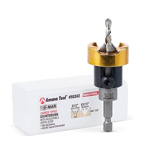 Amana Tool 82 Degree Countersink with Drill Bit Depth Stop and No-Thrust Ball Bearing, 55242, 1/2 D x 3/16 Drill D x 1/4 Inch Quick Release Hex Shank