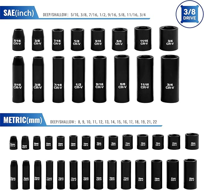 48-Piece 3/8" Drive Socket Set, SAE (5/16"-3/4") & Metric (8mm-22mm), Deep & Shallow Sockets, Extension Bars, 1/2" F to 3/8" M Reducer, Universal Joint, 6 Point Design