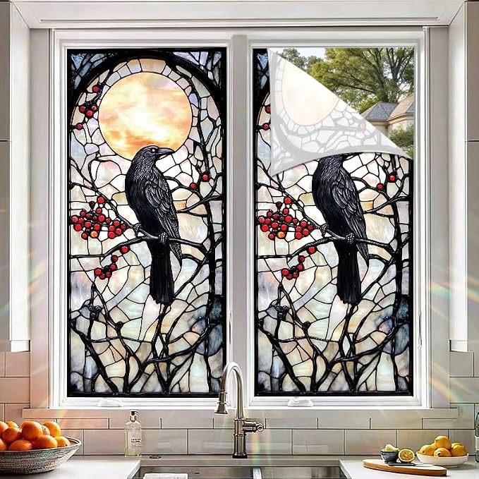Stained Glass Style Raven Window Film, Gothic Inspired Privacy Decor - Image 5