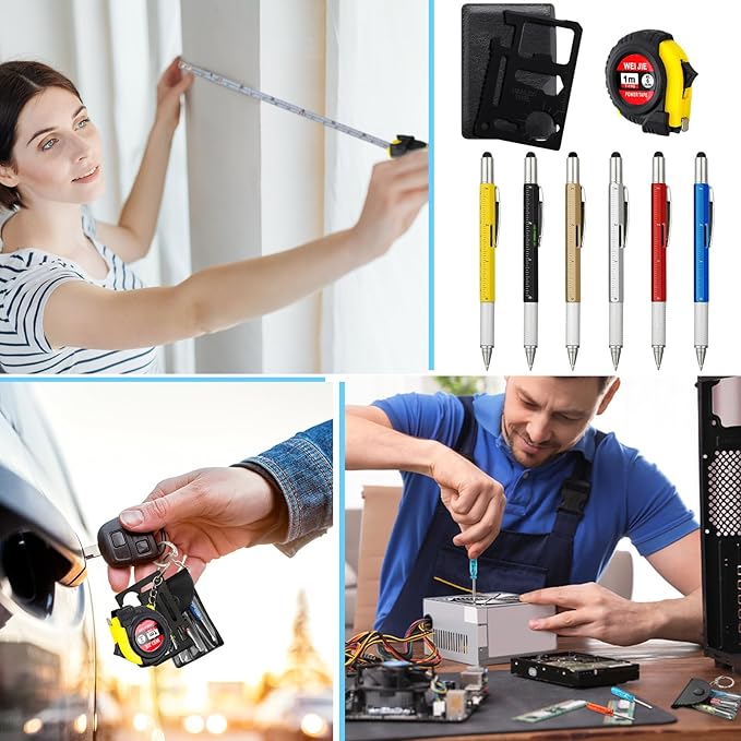 96 Pcs Mini Tape Screwdriver Keychain Set Christmas Men Gifts Bulk Adult Party Favors Multitool Pen Card Tool Measuring Keychains Stocking Christmas Stuffers for Men Dad (Multicolor)