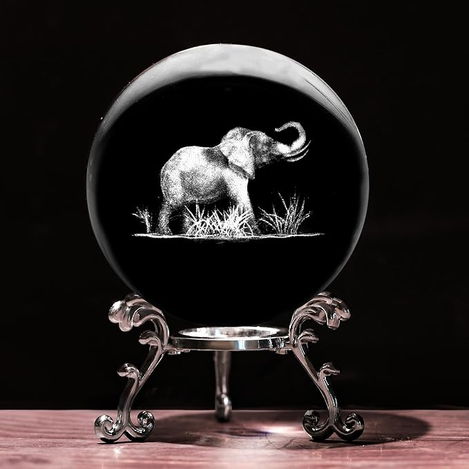 3D Elephant Crystal Ball with Stand Lase Engraved Glass Sphere Paperweight by Unknown