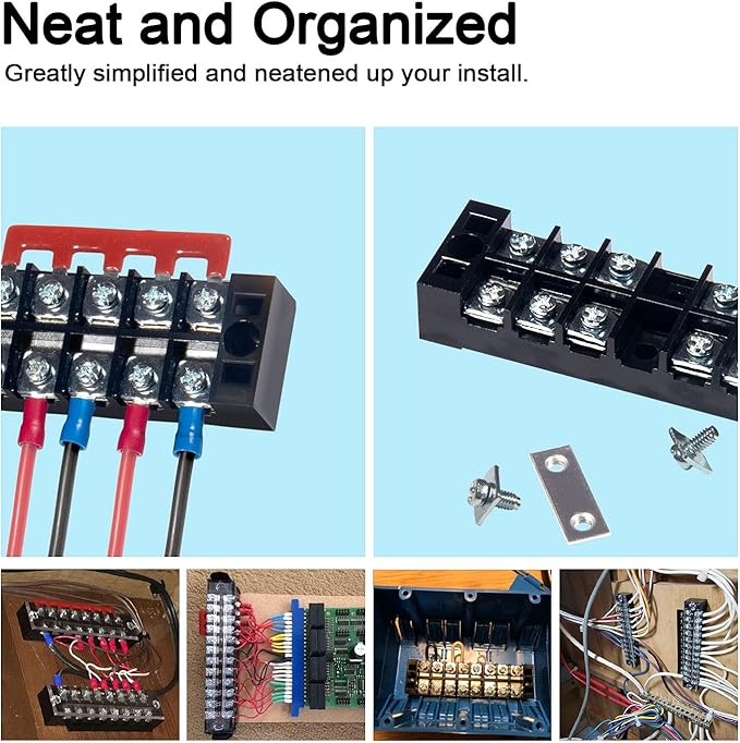 MILAPEAK Terminal Block and Strip - 6 Sets 8/10/12 Positions 600V 15A Dual Row Wire Screw Terminal Strip Block with Cover + 400V 15A Pre-Insulated Terminals Barrier Strips Jumpers (Black & Red)