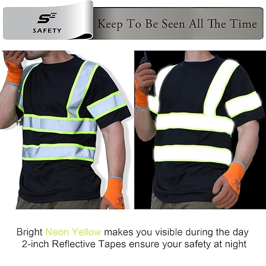 sesafety High Visibility Shirts for Mens Class 3 Hi Vis Reflective Construction Shirts for Men with Pocket Safety T Shirts for Men Work Shirt for Mens Short Sleeve Black Yellow Strips M