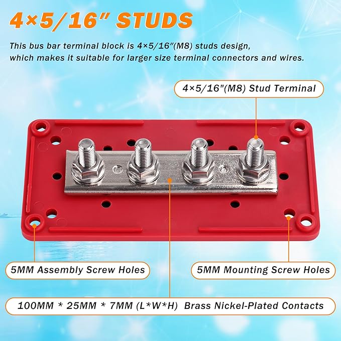 300A Heavy Duty Module Bus BAR, 12V 24V 48V DC Power Distribution Block with 4 x 5/16" (M8) Studs, Gift 12pcs Cable Lugs and 20pcs Heat Shrink Tubing - Marine Bus Bar (RED+)