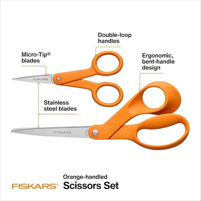 Fiskars Original Orange Handled Scissors 2-Piece Set, Paper and Fabric Supplies - Image 2