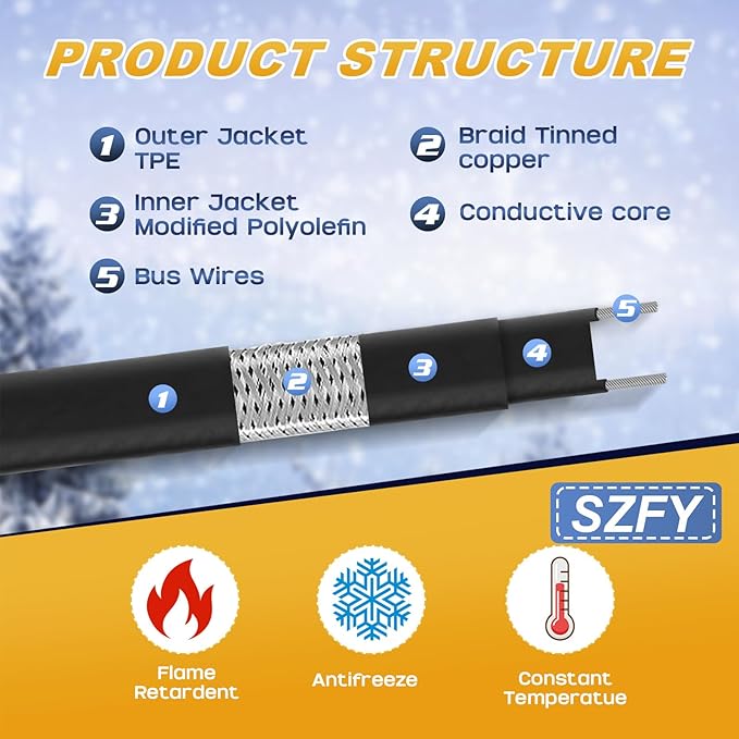 3FT~200FT Heat Tape for Water Pipes, -40°F Deicing Cable,Pipe Heat Cables for Roof,Gutter，Farm，Freeze Protetion Heating Wires, Heated Water Hose,Plumbing Fixtures,120V 5W/FT (80FT)