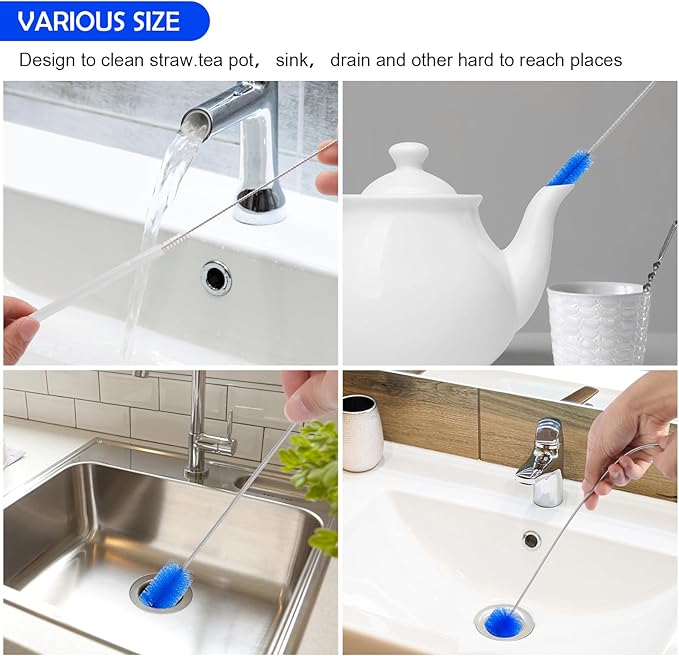 12pcs Flexible Drain Brush 78 Inch Pipe Cleaning Brush 63 Inch Drain Cleaner Brush 59 Inch Hose Brush and 3 Pcs 9 Inch Straw Cleaner Brush for Straws Kitchen Sink Plumbing Shower Drain Tube (Blue)
