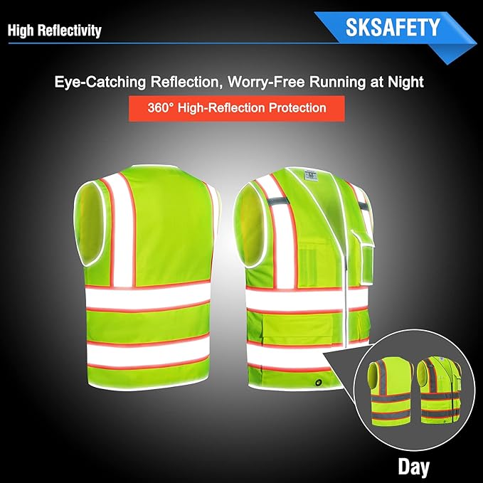 SKSAFETY 10 Pockets Safety Vest, Class 2 High Visibility Security with Zipper, Hi Vis Vest with Reflective Strips, ANSI/ISEA Standard, Construction Work Vest for Men ＆ Women （Lime, 2XL）