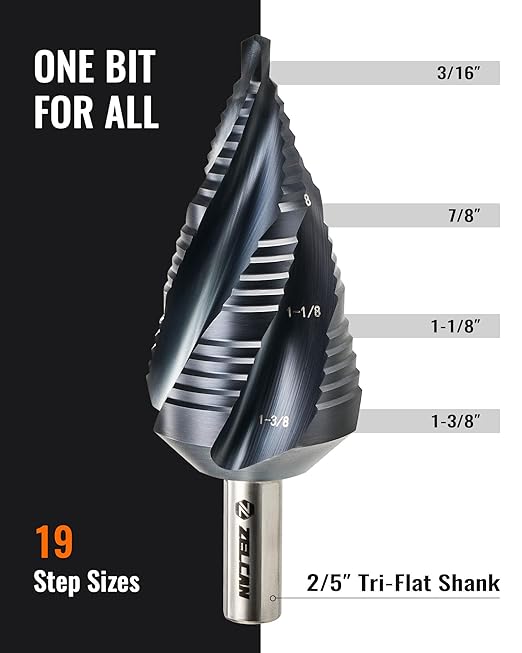 ZELCAN 19 Sizes M35 Cobalt Step Drill Bit, 3/16" to 1-3/8" Four Spiral Flute Drill Bit for Metal, Titanium-Coated HSS Step Bit with 2/5" Tri-Flat Shank for Stainless Steel Aluminum Copper Wood Plastic