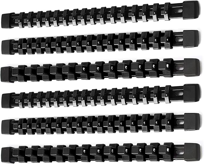 ALOANES 6 PC ABS Socket Organizer, 1/2 inch, 3/8 inch and 1/4 inch Drive Socket Rail Holders, Heavy Duty Socket Racks, Black Rails with Black Clips