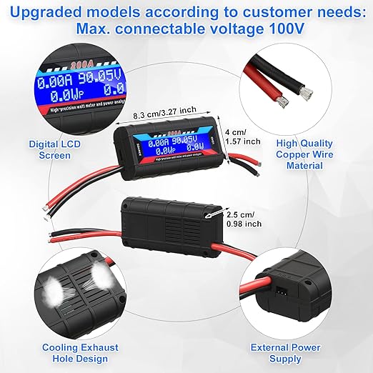 Yunsailing 2 Pcs 200A High Precision Watt Meter Power Analyzer Battery Consumption Performance Monitor Amp Meter Monitor with Backlight Digital LCD Screen for RC Solar Voltage Current Power (100V)