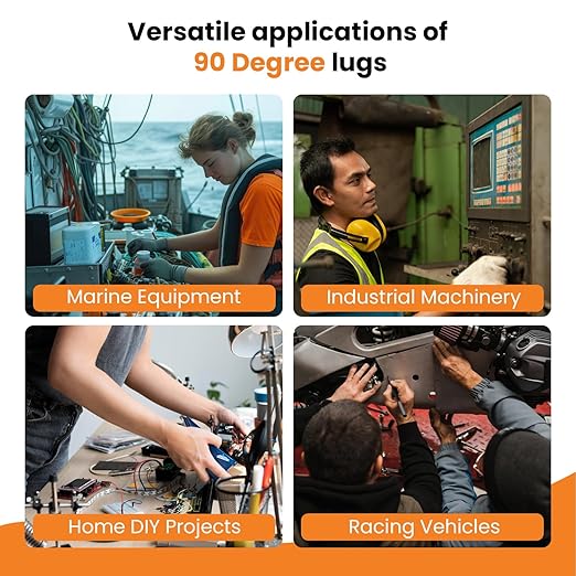 SELTERM 10pcs - 4 AWG 3/8" Stud - 90° Bent Battery Lugs - Ring Terminal Connectors with 12pcs 3:1 Black & Red 1/2" Heat Shrink Tubing - Heavy Duty Battery Cable Ends - Tinned Copper Wire Connector Kit