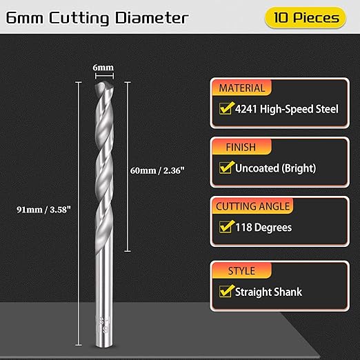 Drill Bit, 6mm Cutting Diameter, 4241 HSS 118° Cutting Angle Uncoated Bright Versatile Jobber Bits - (Applications: for Drilling Plastic Wood Soft Metal), 10-Pieces